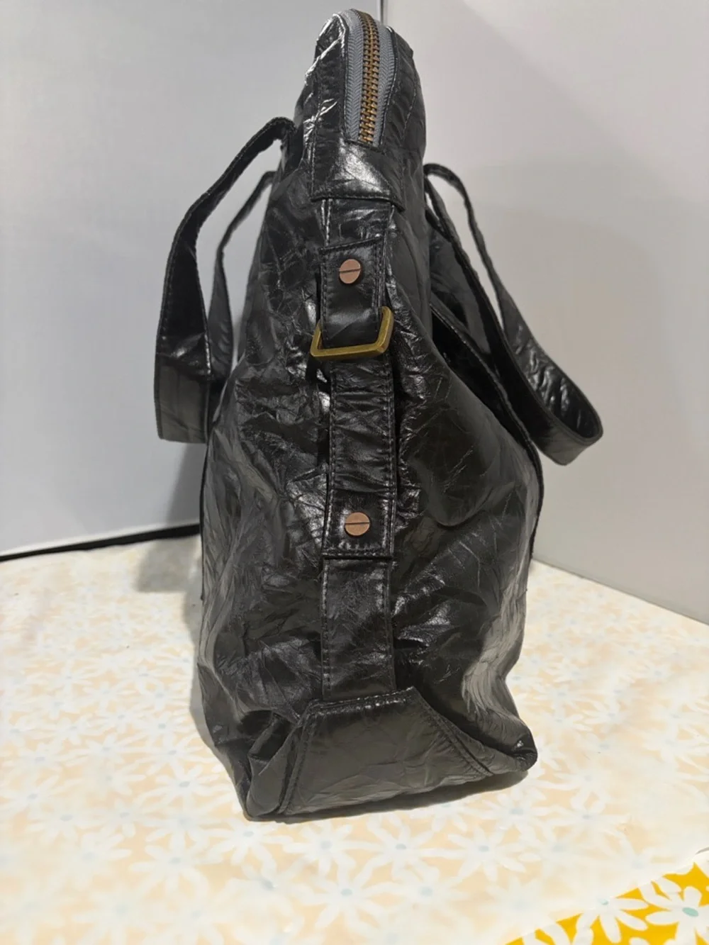 Black‎ Faux Leather Textured Hobo Bag with Gold Accents